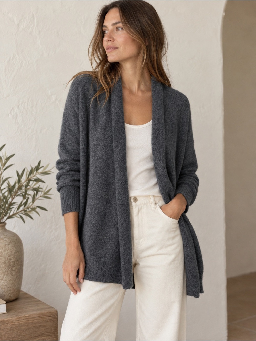 Tahari Pure Luxe 100% Cashmere Open Front Long Cardigan Sweater Gray Size M